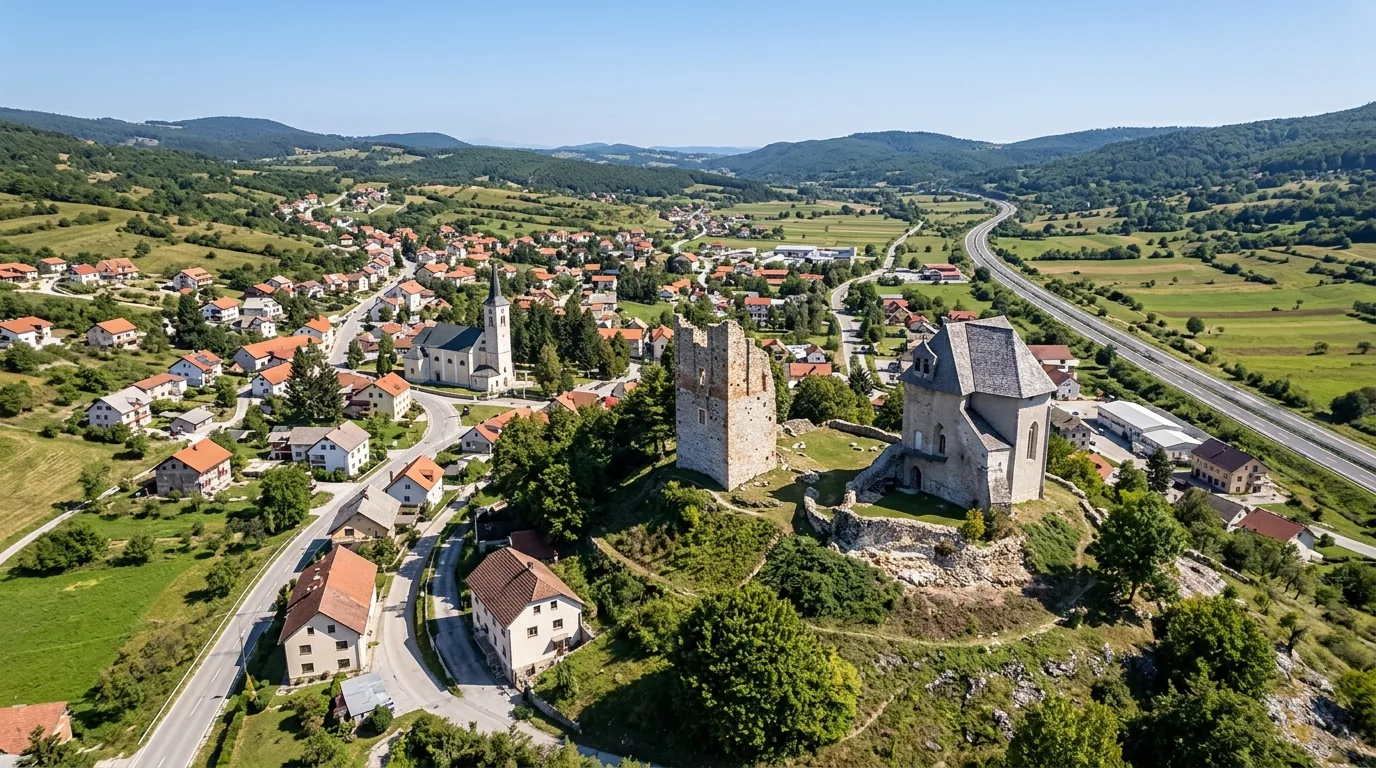 Kombi prevoz Šid → Brinje — ostaci grada Sokolca sa kulom i kapelom iznad Brinja · Apex Travels