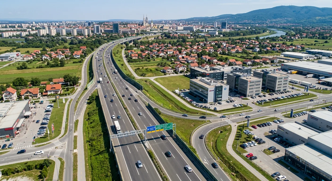 Kombi prevoz Šid → Buzin — čvor na zagrebačkoj obilaznici kod Buzina, Zagreb u pozadini · Apex Travels