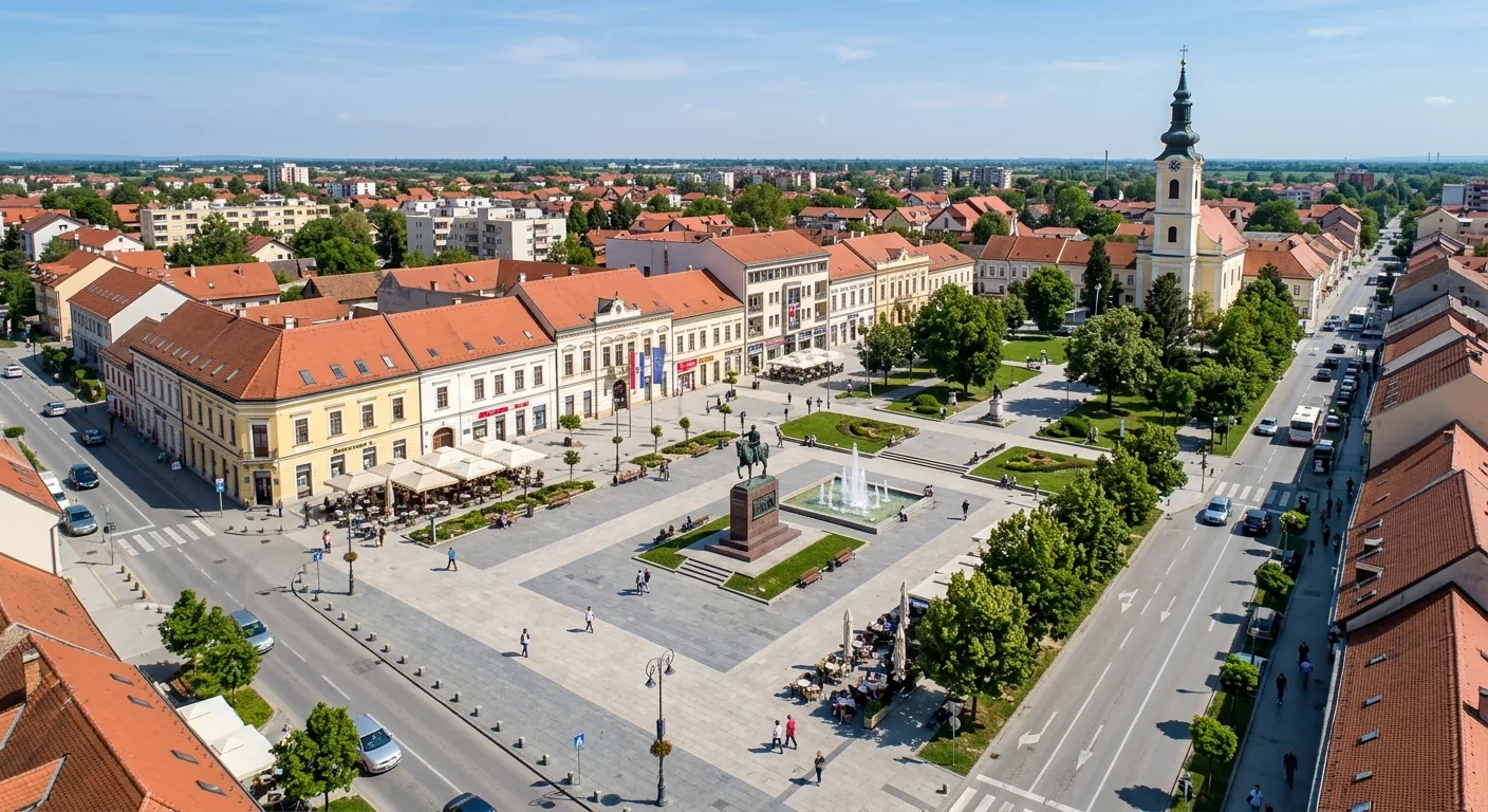 Kombi prevoz Šid → Velika Gorica — glavni trg Velike Gorice sa crkvom i spomenikom · Apex Travels