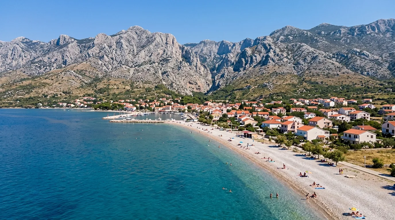 Kombi prevoz Šid → Starigrad Paklenica — plaža u Starigradu Paklenici pod stenama Velebita · Apex Travels