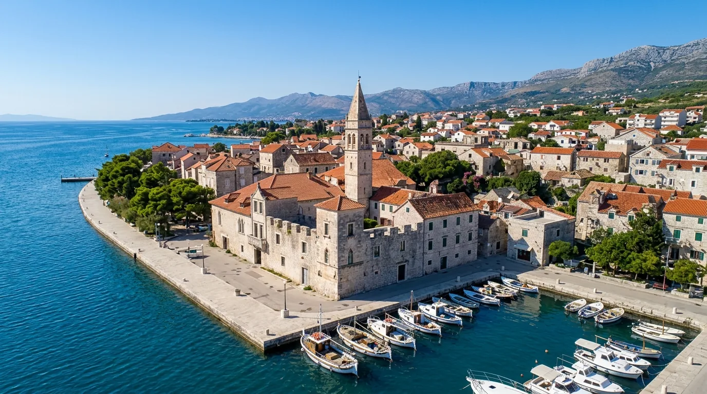 Kombi prevoz Beograd → Kaštel Sućurac — nadbiskupski kaštel i zvonik uz lučicu u Kaštel Sućurcu · Apex Travels
