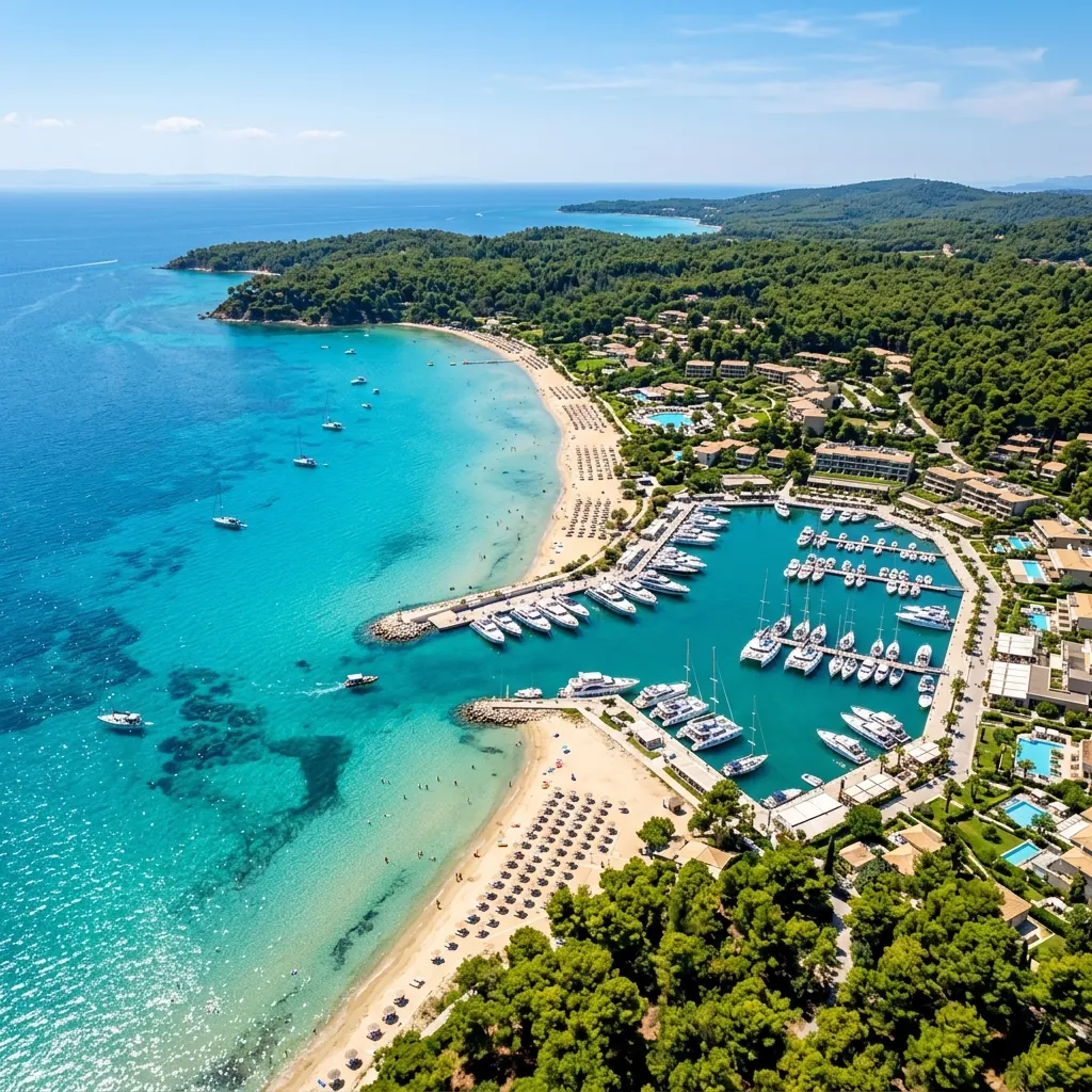 Plaža Sani Resorta na Kasandri sa belim peskom i borovinom u pozadini