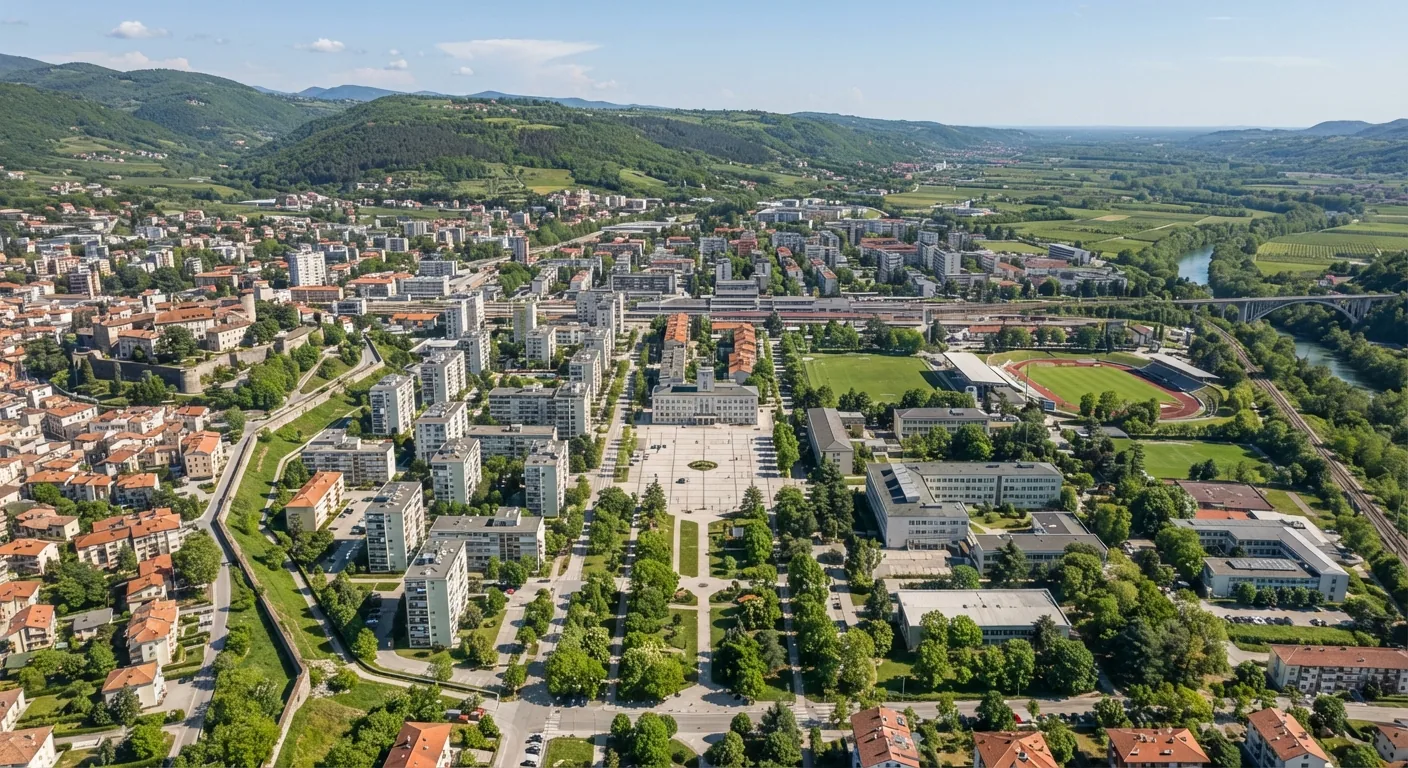Kombi prevoz Šid → Nova Gorica — Trg Evrope, Kostanjevica i Solkanski most: Nova Gorica sa parkovima i brdima u pozadini
