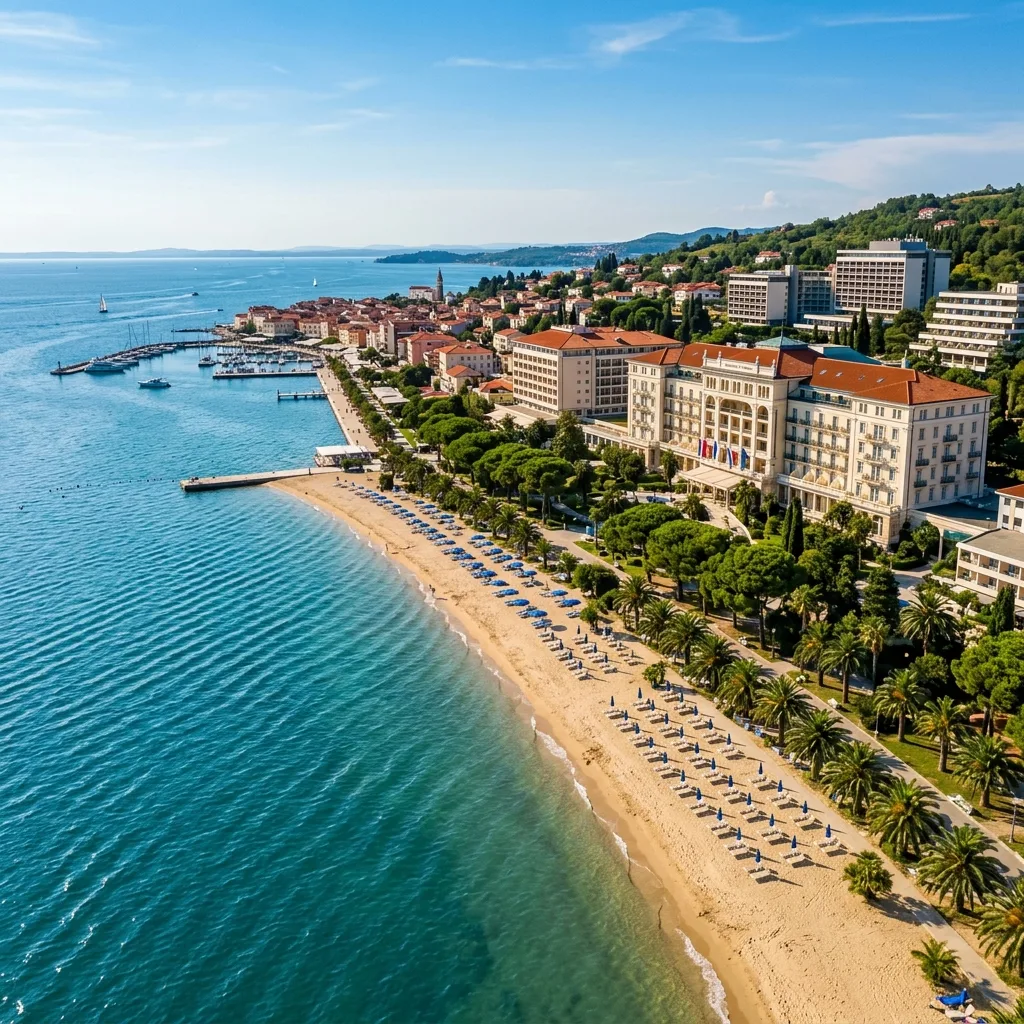 Portorož sa peščanom plažom Lucija, palmama i Grand Hotelom u pozadini